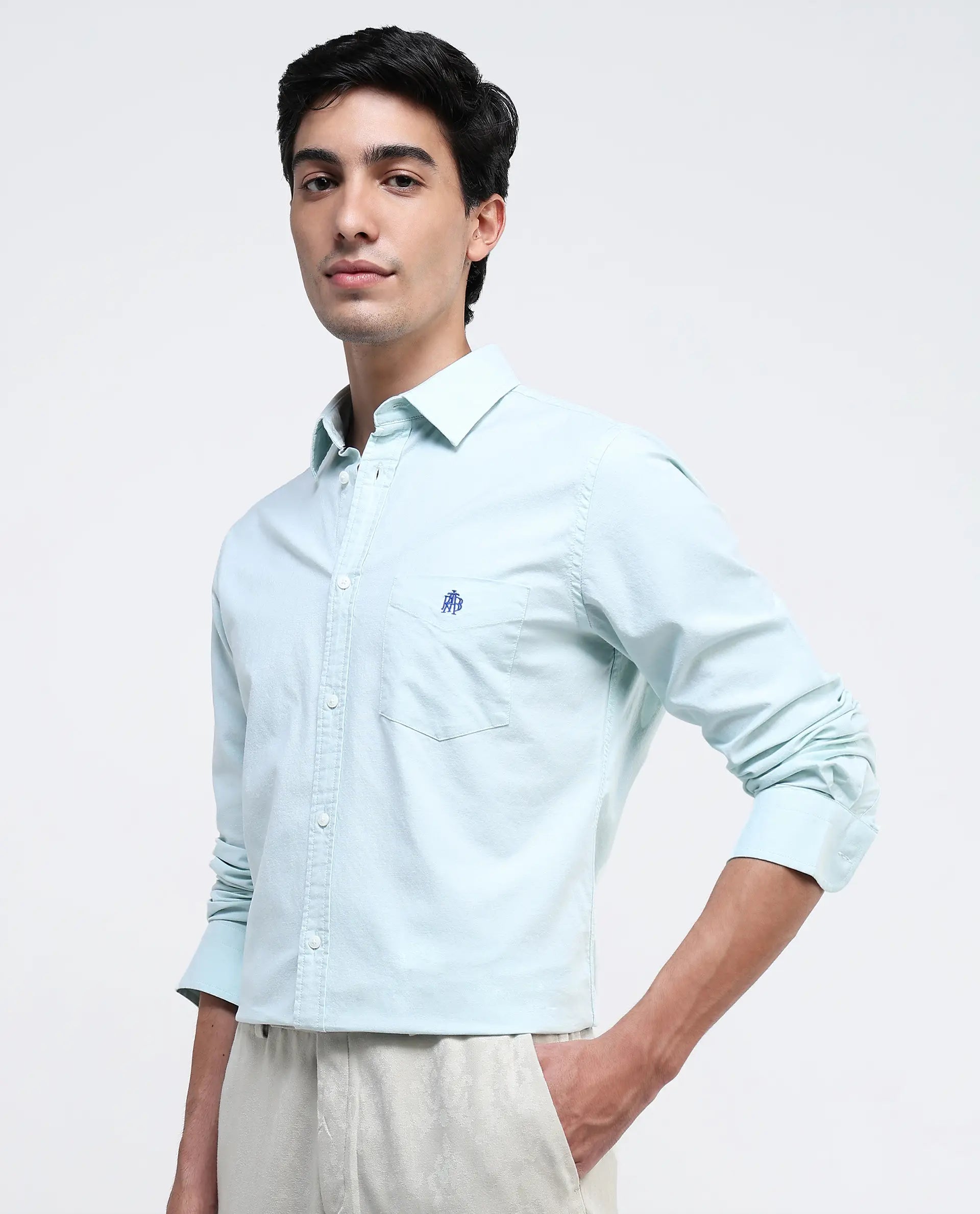 Rare Rabbit Men Oxo Pastel Green Full Sleeve Collared Neck Button Closure Regular Fit Plain Shirt