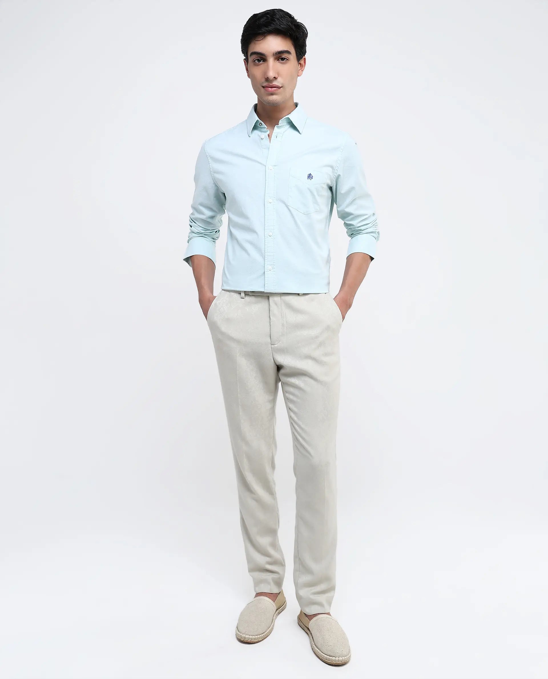 Rare Rabbit Men Oxo Pastel Green Full Sleeve Collared Neck Button Closure Regular Fit Plain Shirt