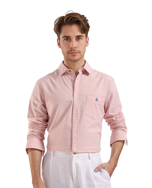 Rare Rabbit Men Oxo Pastel Peach Full Sleeve Collared Neck Button Closure Regular Fit Plain Shirt