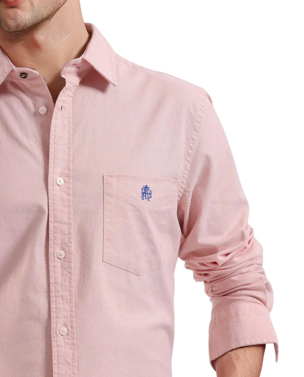 Rare Rabbit Men Oxo Pastel Peach Full Sleeve Collared Neck Button Closure Regular Fit Plain Shirt