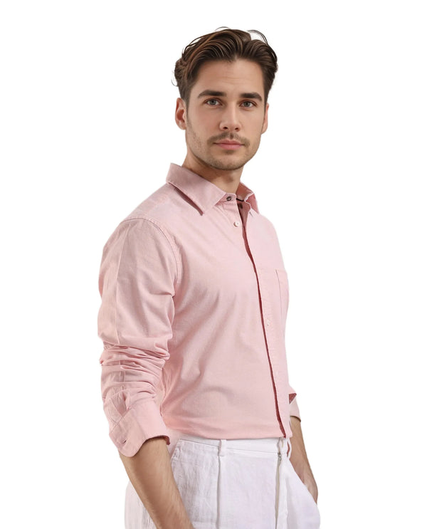 Rare Rabbit Men Oxo Pastel Peach Full Sleeve Collared Neck Button Closure Regular Fit Plain Shirt