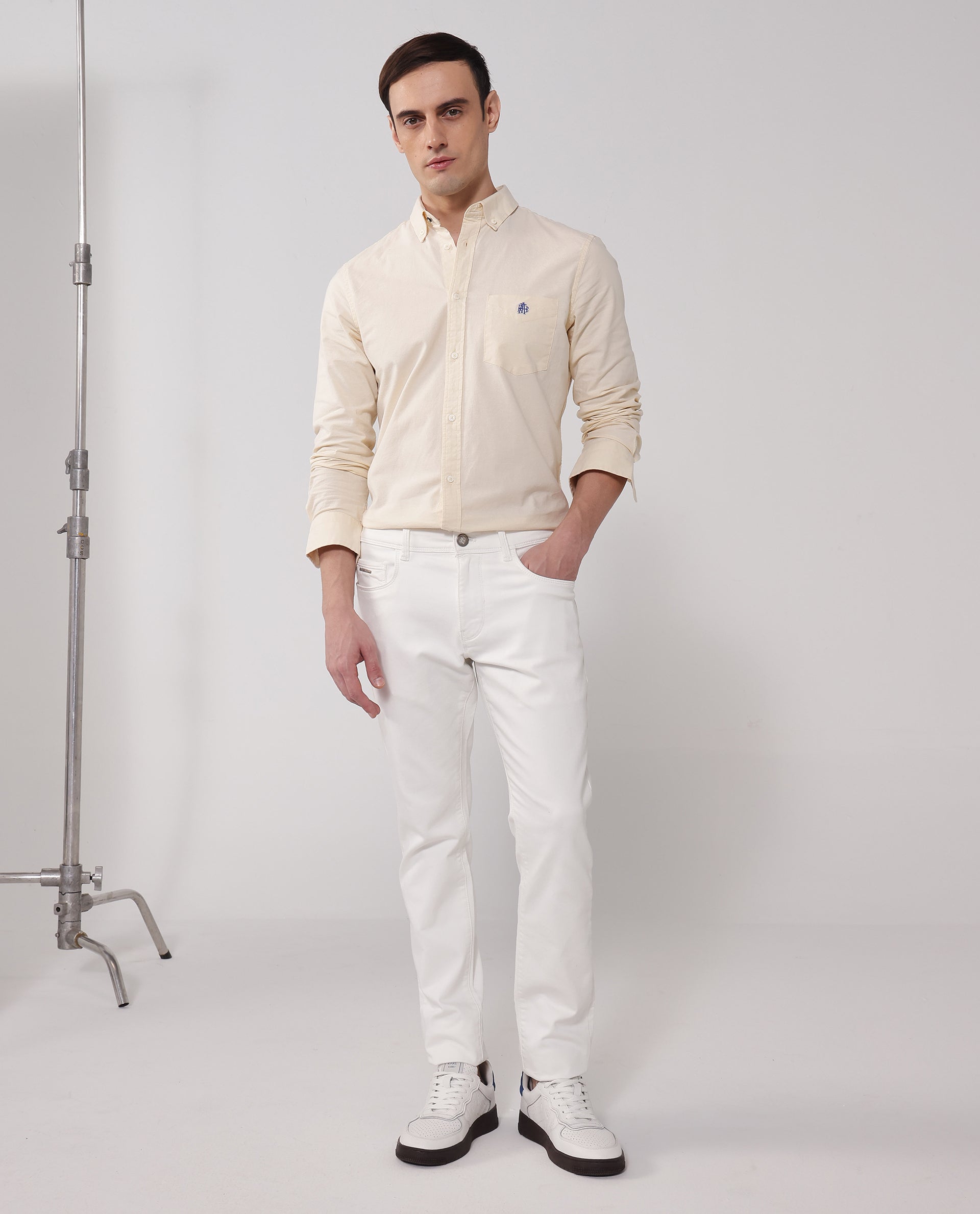 Rare Rabbit Men Oxob Pastel Yellow Full Sleeve Collared Neck Button Closure Regular Fit Plain Shirt