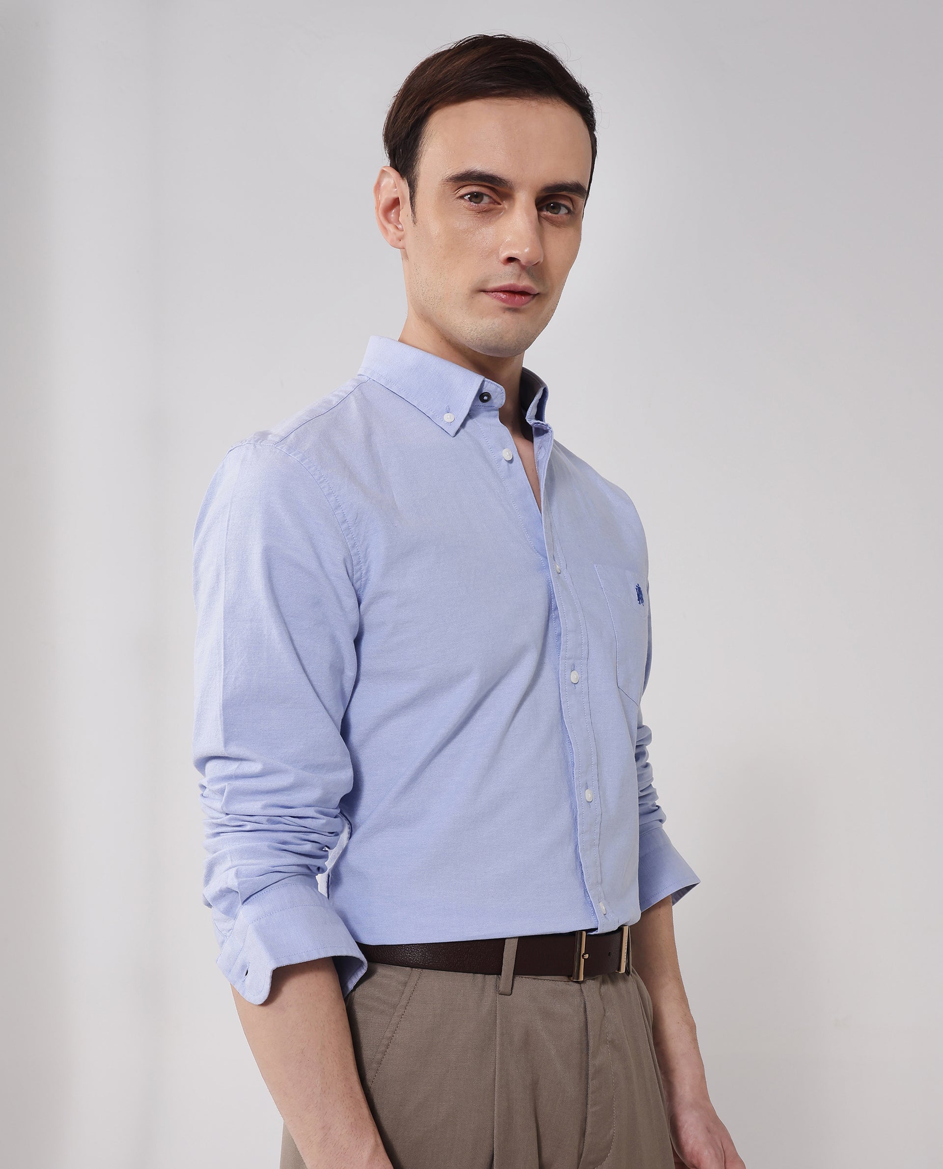 Rare Rabbit Men Oxob Light Blue Cotton Spandex Fabric Full Sleeve Button Down Collar Regular Fit Embroidered Logo Plain Shirt