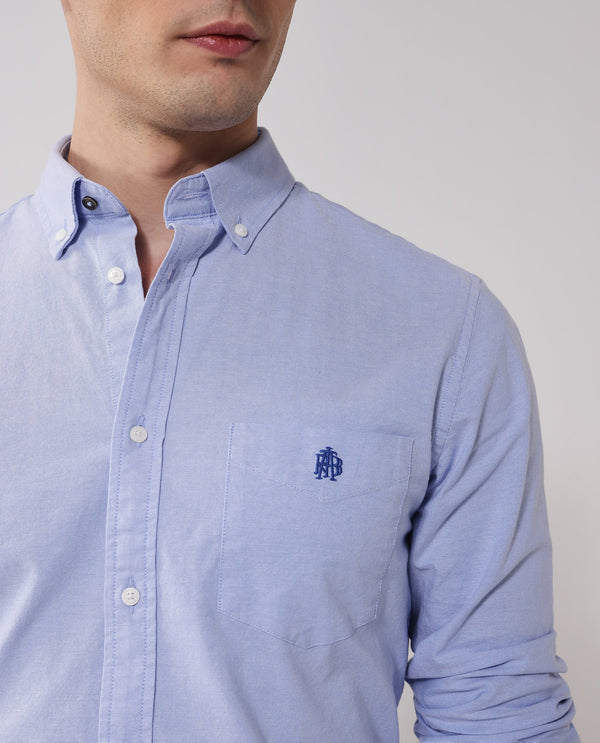 Rare Rabbit Men Oxob Light Blue Cotton Spandex Fabric Full Sleeve Button Down Collar Regular Fit Embroidered Logo Plain Shirt