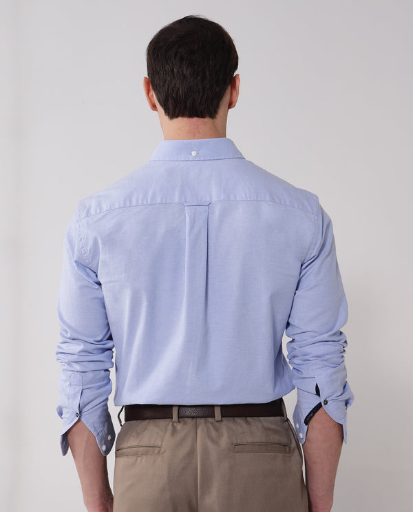Rare Rabbit Men Oxob Light Blue Cotton Spandex Fabric Full Sleeve Button Down Collar Regular Fit Embroidered Logo Plain Shirt