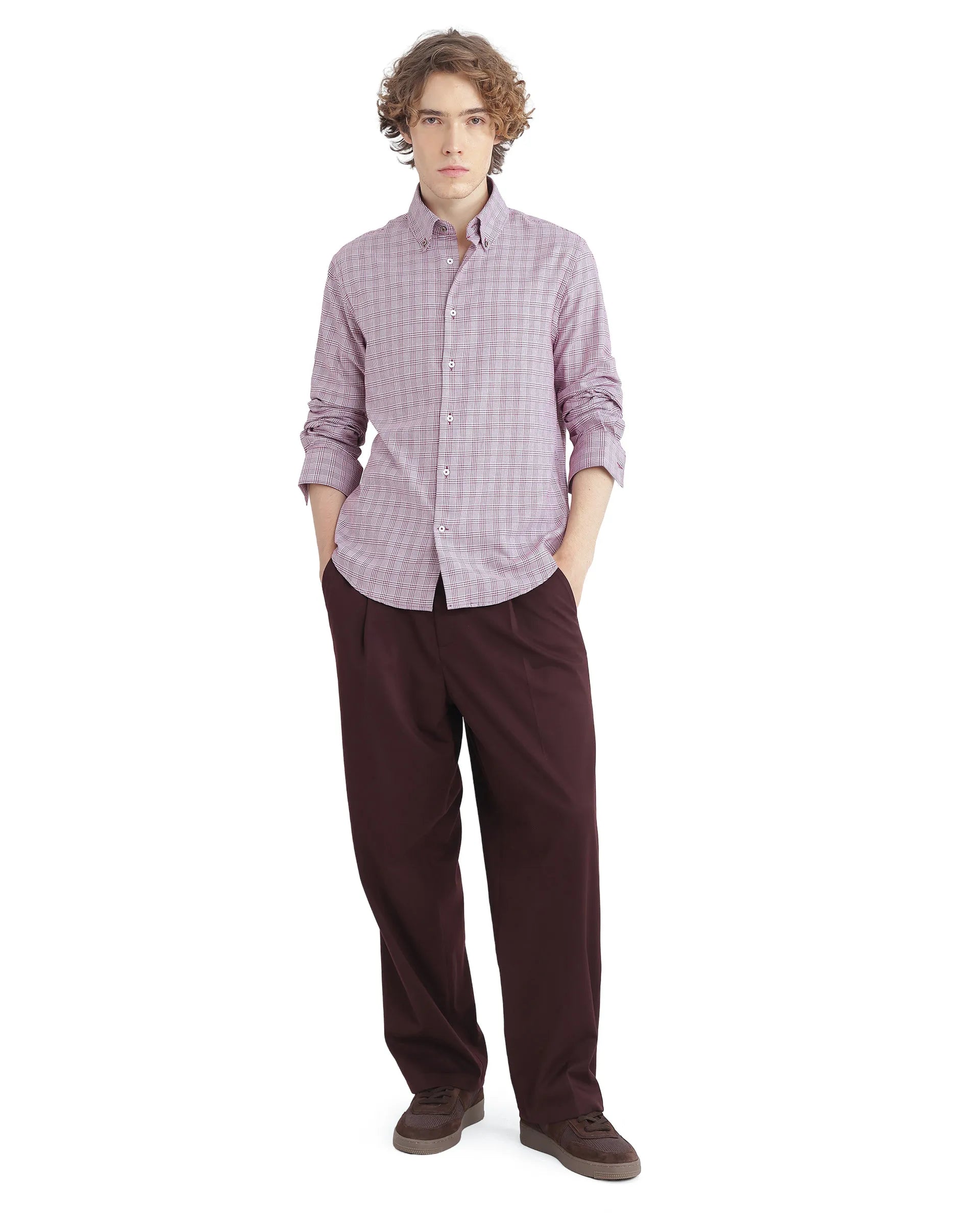 Rare Rabbit Men's Pankal Maroon Cotton Fabric Full Sleeve Oversized Fit Checks Shirt