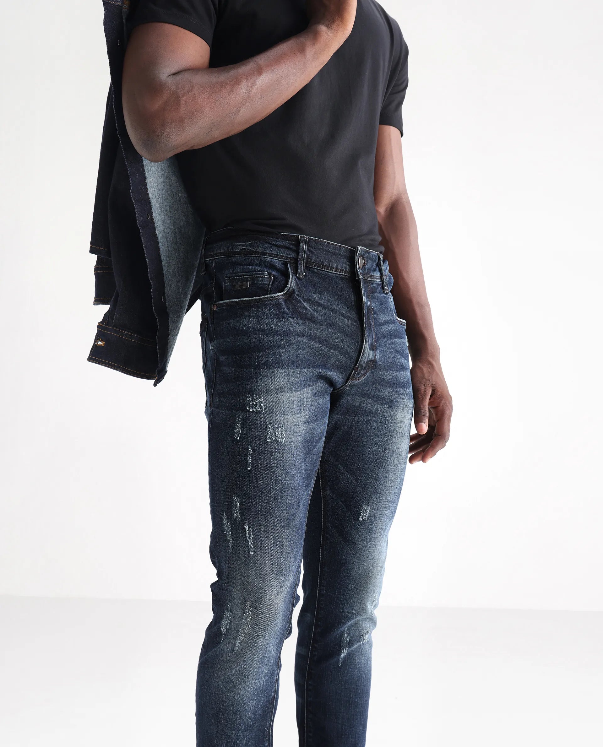 Rare Rabbit Men's Parle Navy Mid Wash Mid-Rise Distressed Slim Fit Jeans