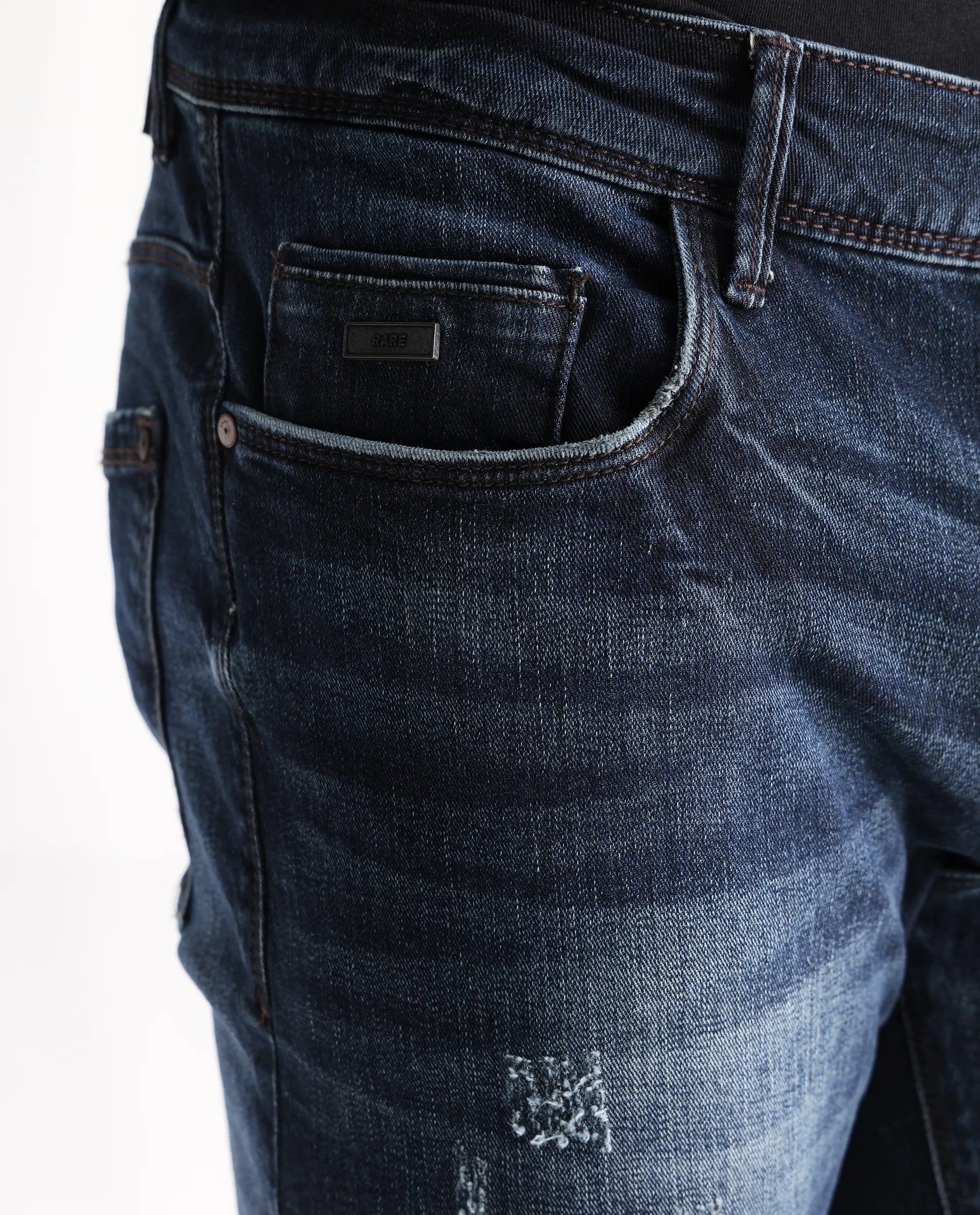 Rare Rabbit Men's Parle Navy Mid Wash Mid-Rise Distressed Slim Fit Jeans