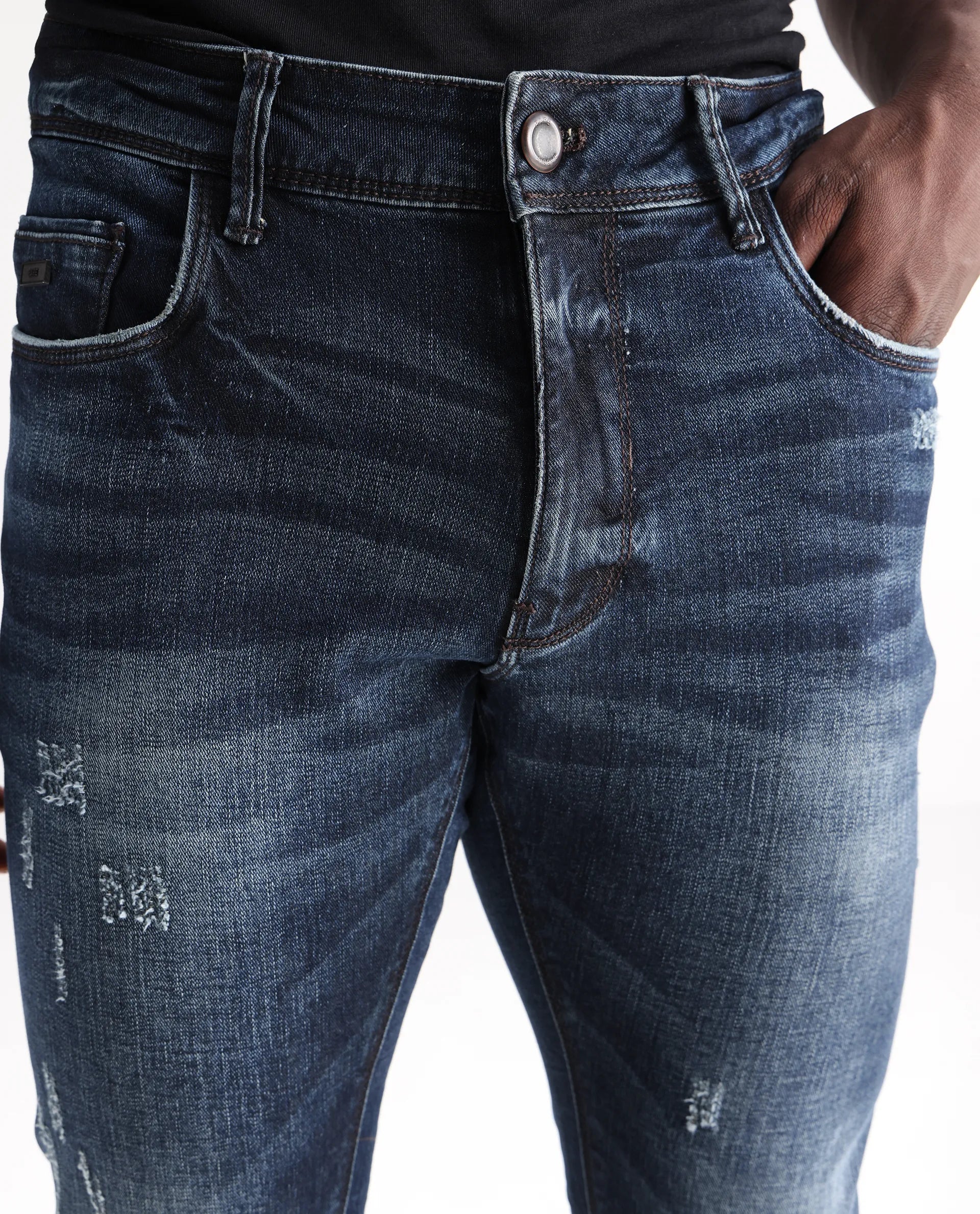 Rare Rabbit Men's Parle Navy Mid Wash Mid-Rise Distressed Slim Fit Jeans