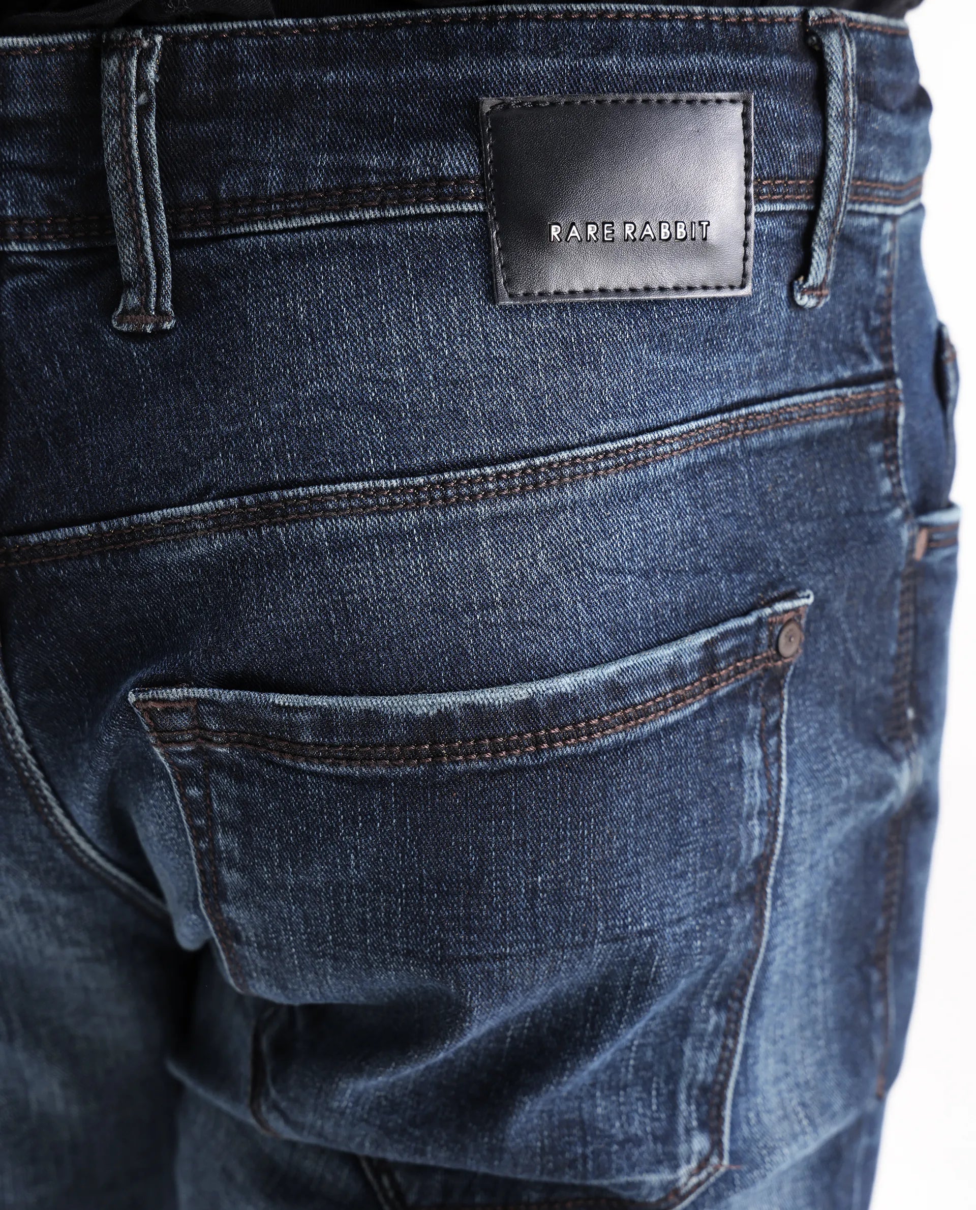 Rare Rabbit Men's Parle Navy Mid Wash Mid-Rise Distressed Slim Fit Jeans