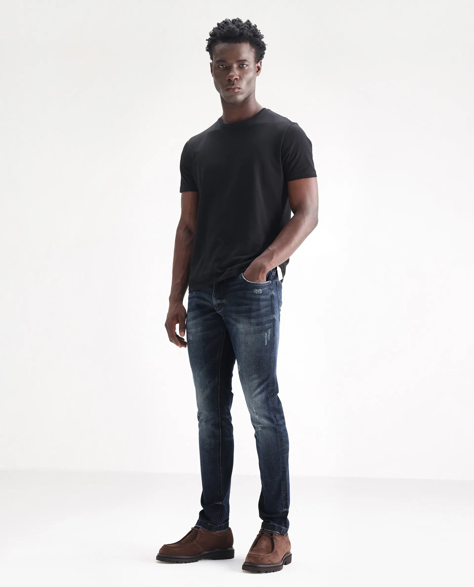 Rare Rabbit Men's Parle Navy Mid Wash Mid-Rise Distressed Slim Fit Jeans