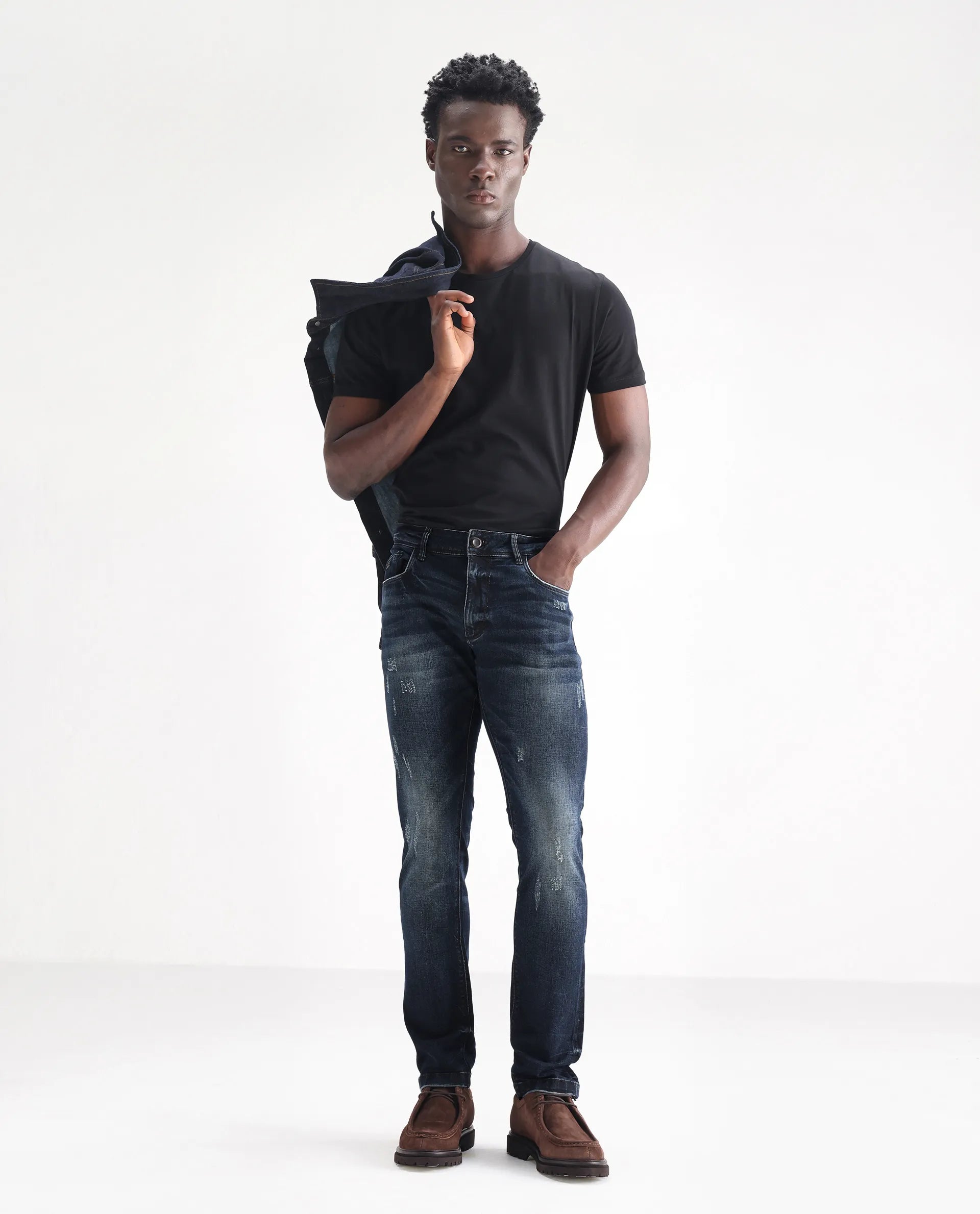 Rare Rabbit Men's Parle Navy Mid Wash Mid-Rise Distressed Slim Fit Jeans