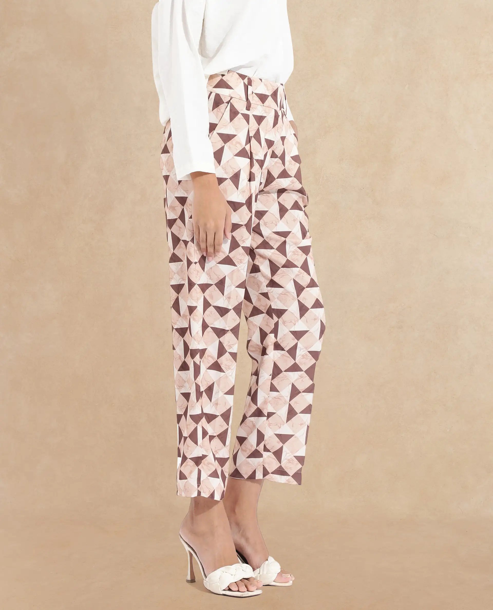 Rareism Women Perugia Light Brown  Tapered Fit Ankle Length Geometric Print Trouser