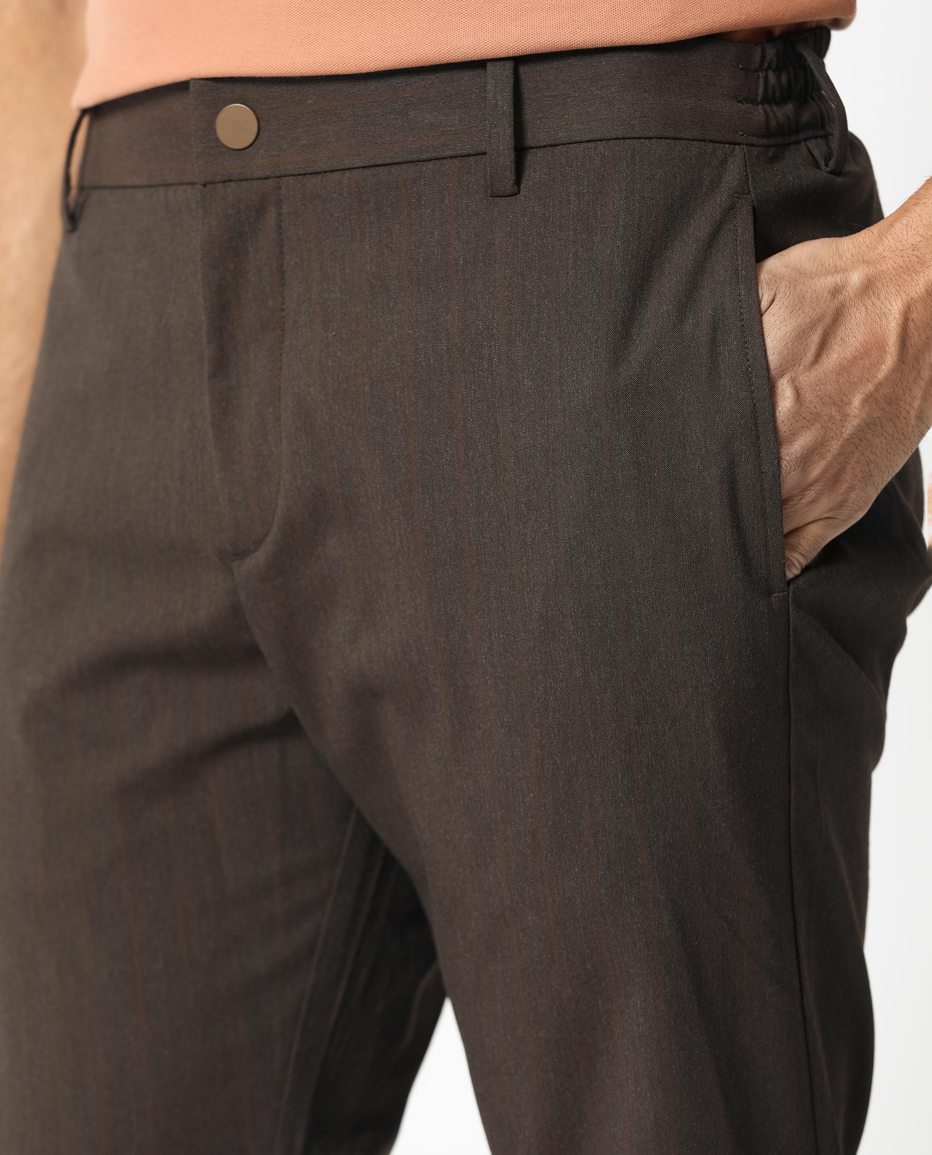 Rare Rabbit Men's Piper Brown Plain Mid-Rise Regular Fit Striped Trouser