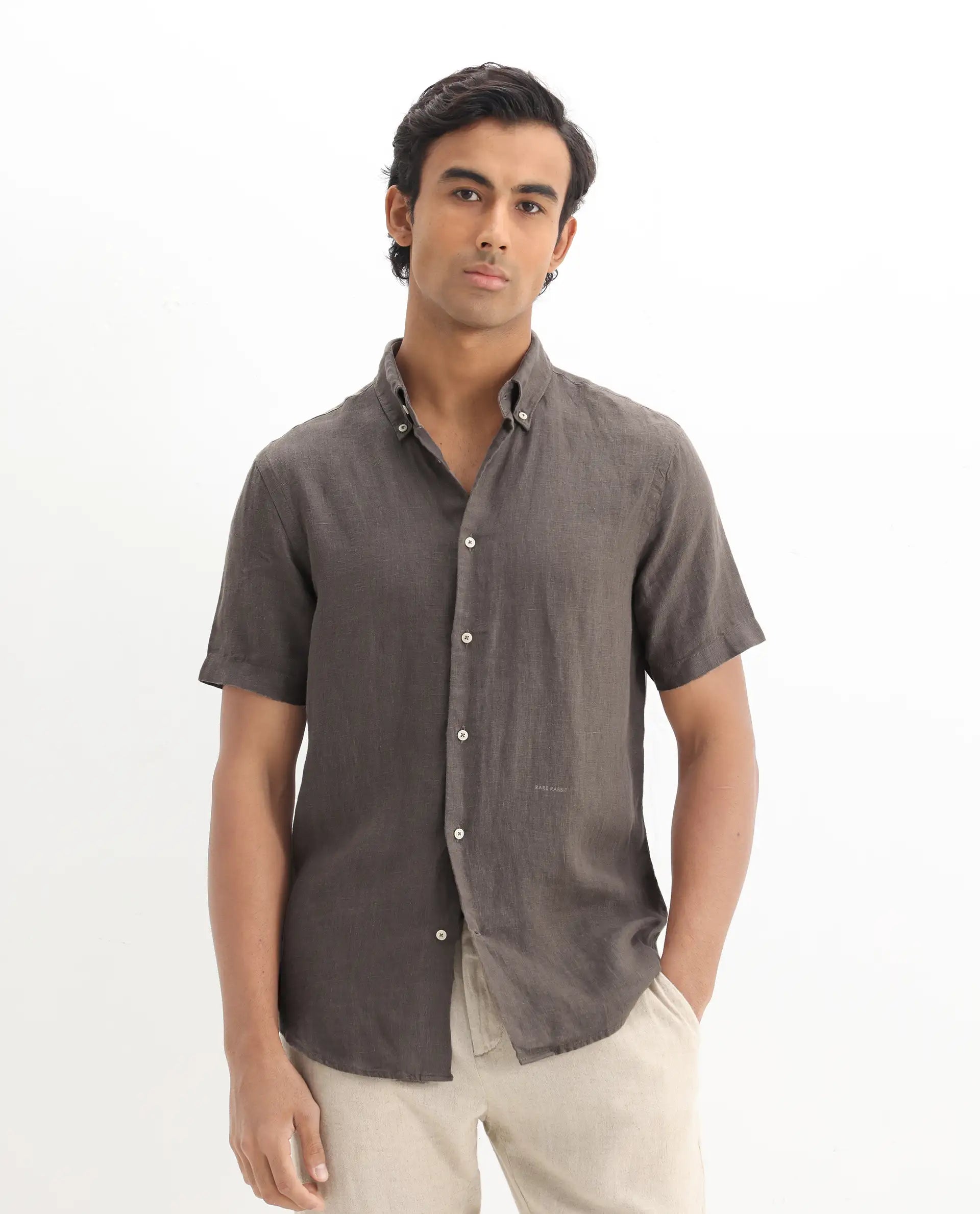 Rare Rabbit Men's Poist Dark Brown Linen Fabric Short Sleeve Collared Neck Button Closure Plain Shirt