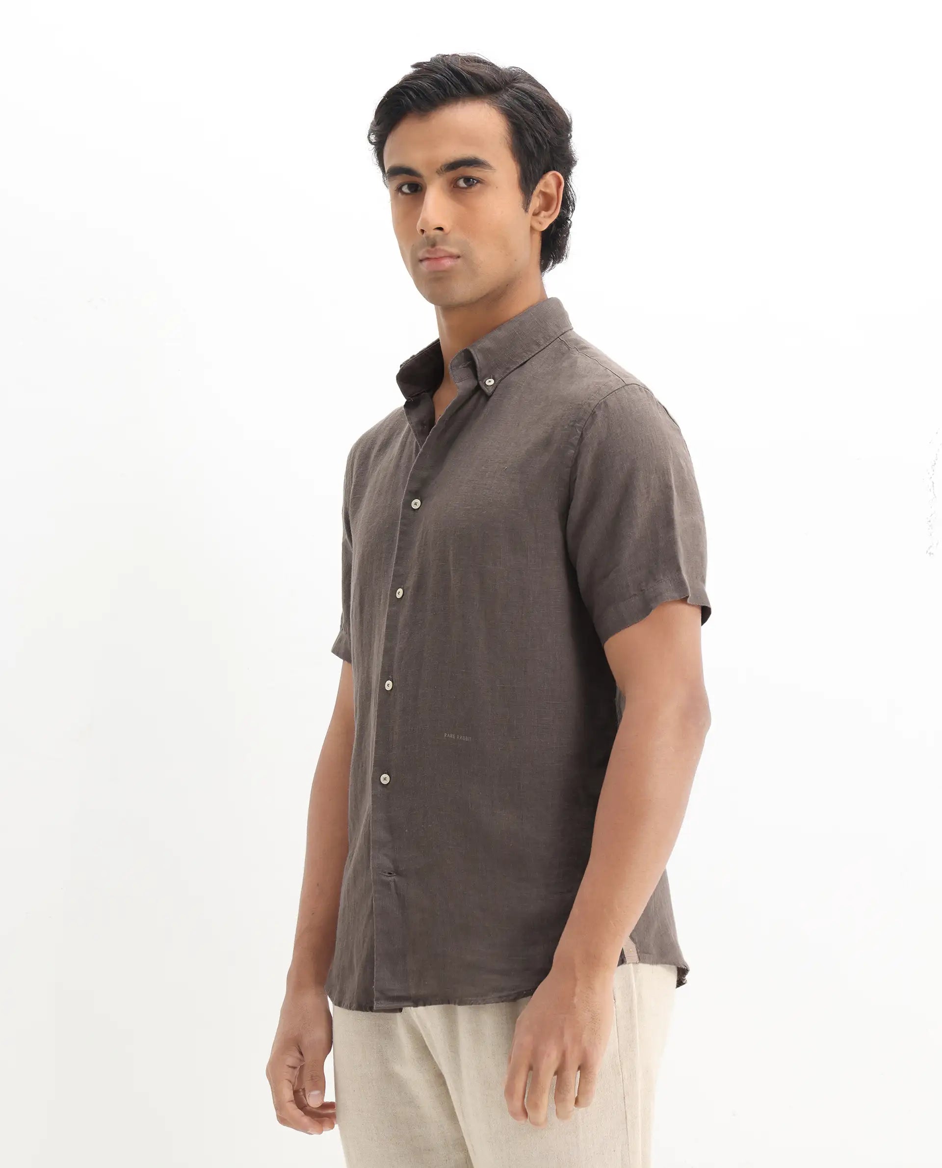 Rare Rabbit Men's Poist Dark Brown Linen Fabric Short Sleeve Collared Neck Button Closure Plain Shirt