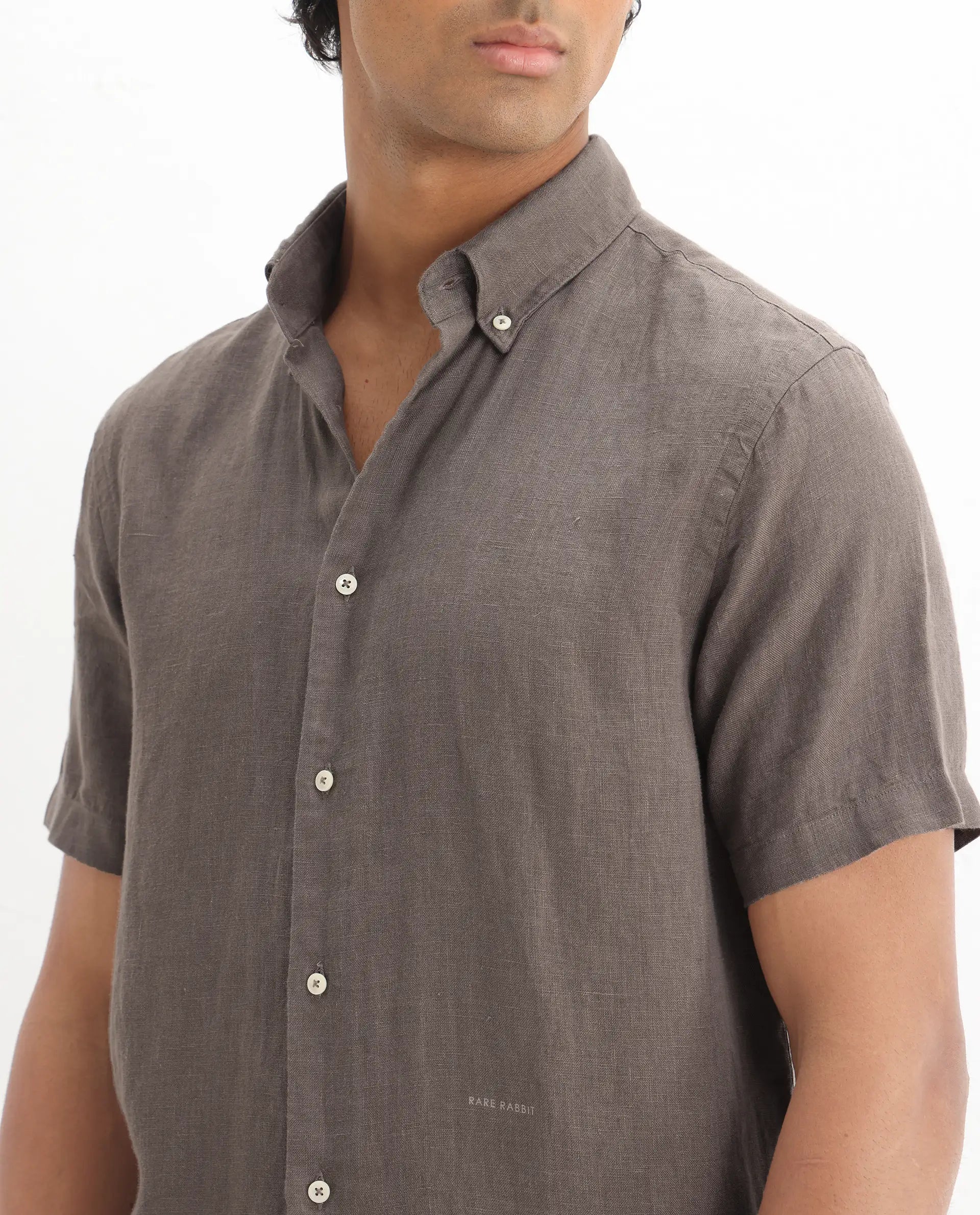 Rare Rabbit Men's Poist Dark Brown Linen Fabric Short Sleeve Collared Neck Button Closure Plain Shirt