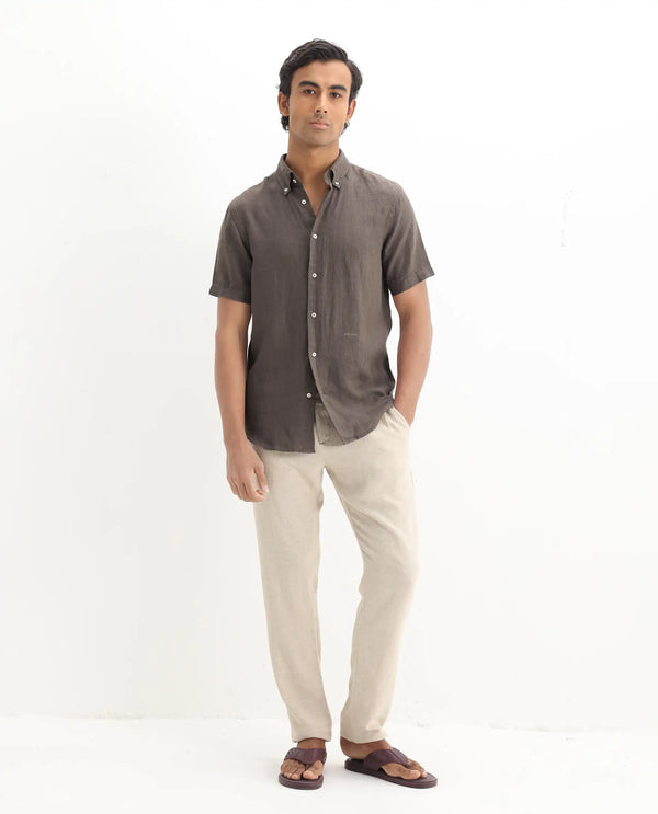 Rare Rabbit Men's Poist Dark Brown Linen Fabric Short Sleeve Collared Neck Button Closure Plain Shirt
