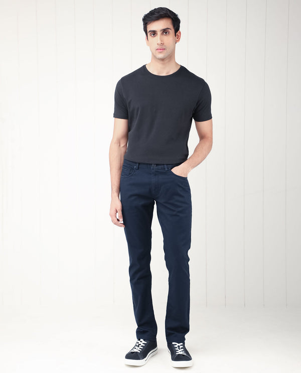 Rare Rabbit Men's Poke Navy Solid Mid-Rise Regular Fit Trouser