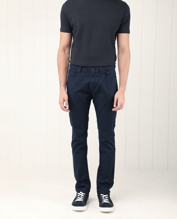 Rare Rabbit Men's Poke Navy Solid Mid-Rise Regular Fit Trouser