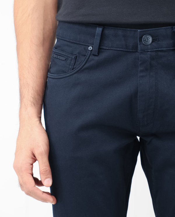 Rare Rabbit Men's Poke Navy Solid Mid-Rise Regular Fit Trouser