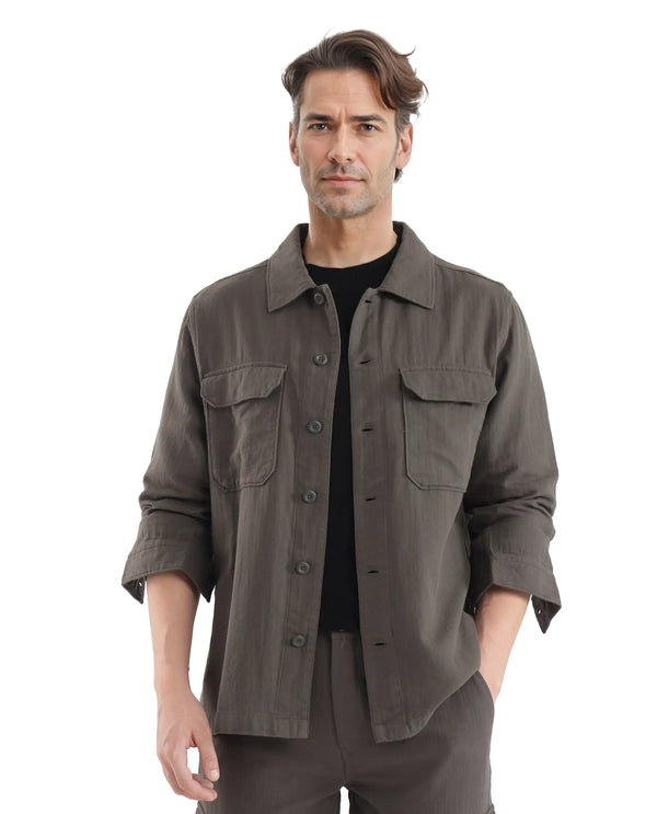 Rare Rabbit Men Prest Dusky Green Knitted Jacquard Fabric Two Front Flap Pocket Full Sleeve Regular Fit Shirt