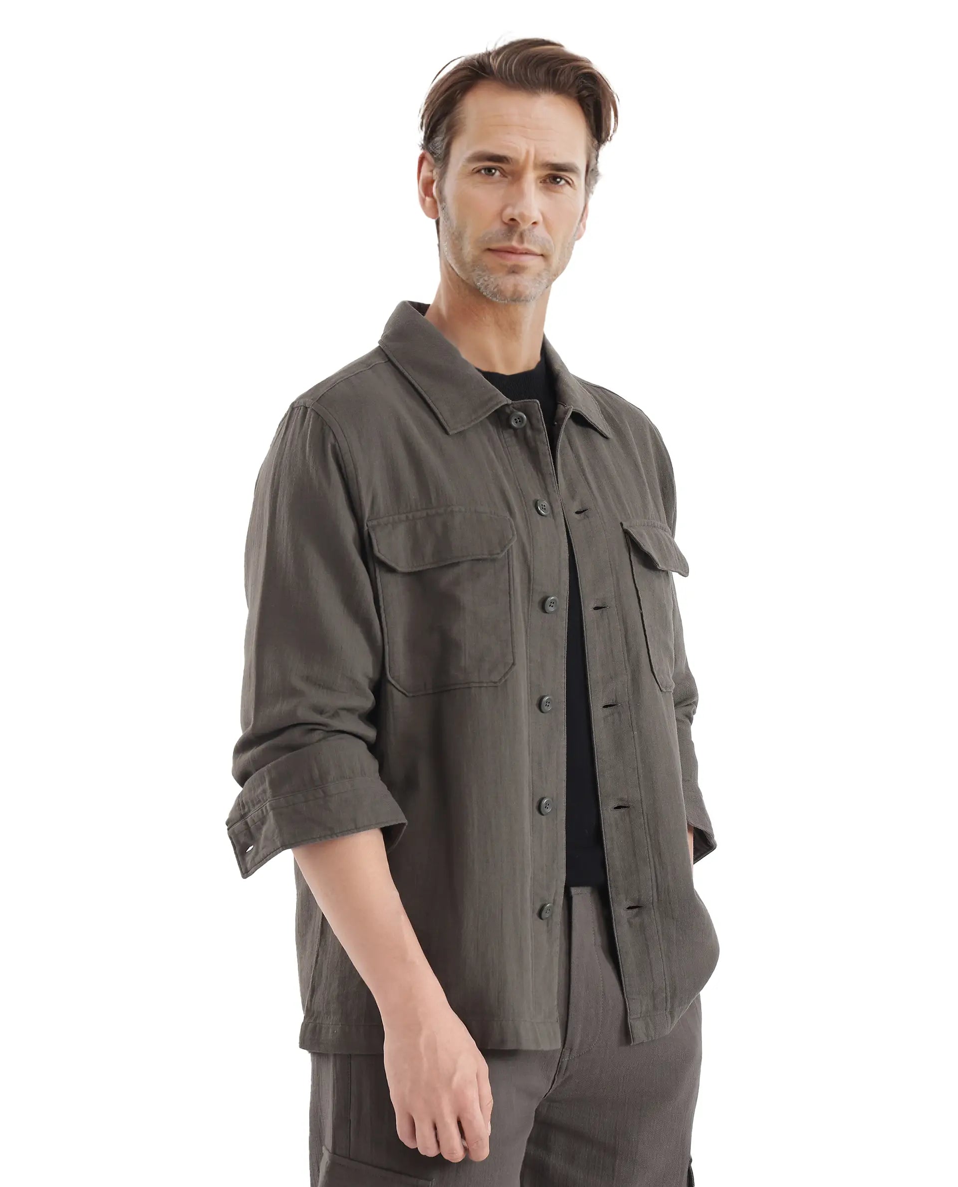 Rare Rabbit Men Prest Dusky Green Knitted Jacquard Fabric Two Front Flap Pocket Full Sleeve Regular Fit Shirt