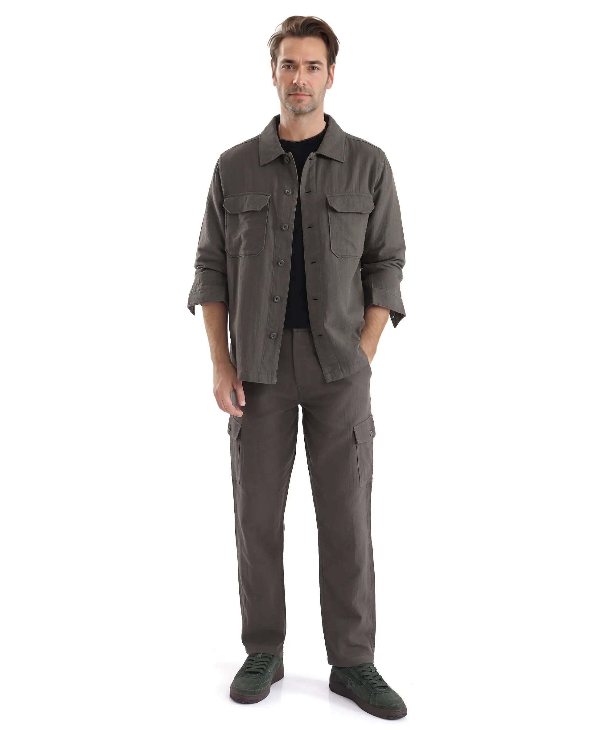 Rare Rabbit Men Prest Dusky Green Knitted Jacquard Fabric Two Front Flap Pocket Full Sleeve Regular Fit Shirt