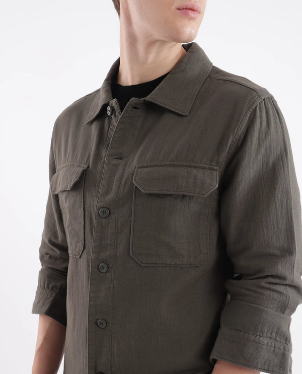 Rare Rabbit Men Prest Dusky Green Knitted Jacquard Fabric Two Front Flap Pocket Full Sleeve Regular Fit Shirt