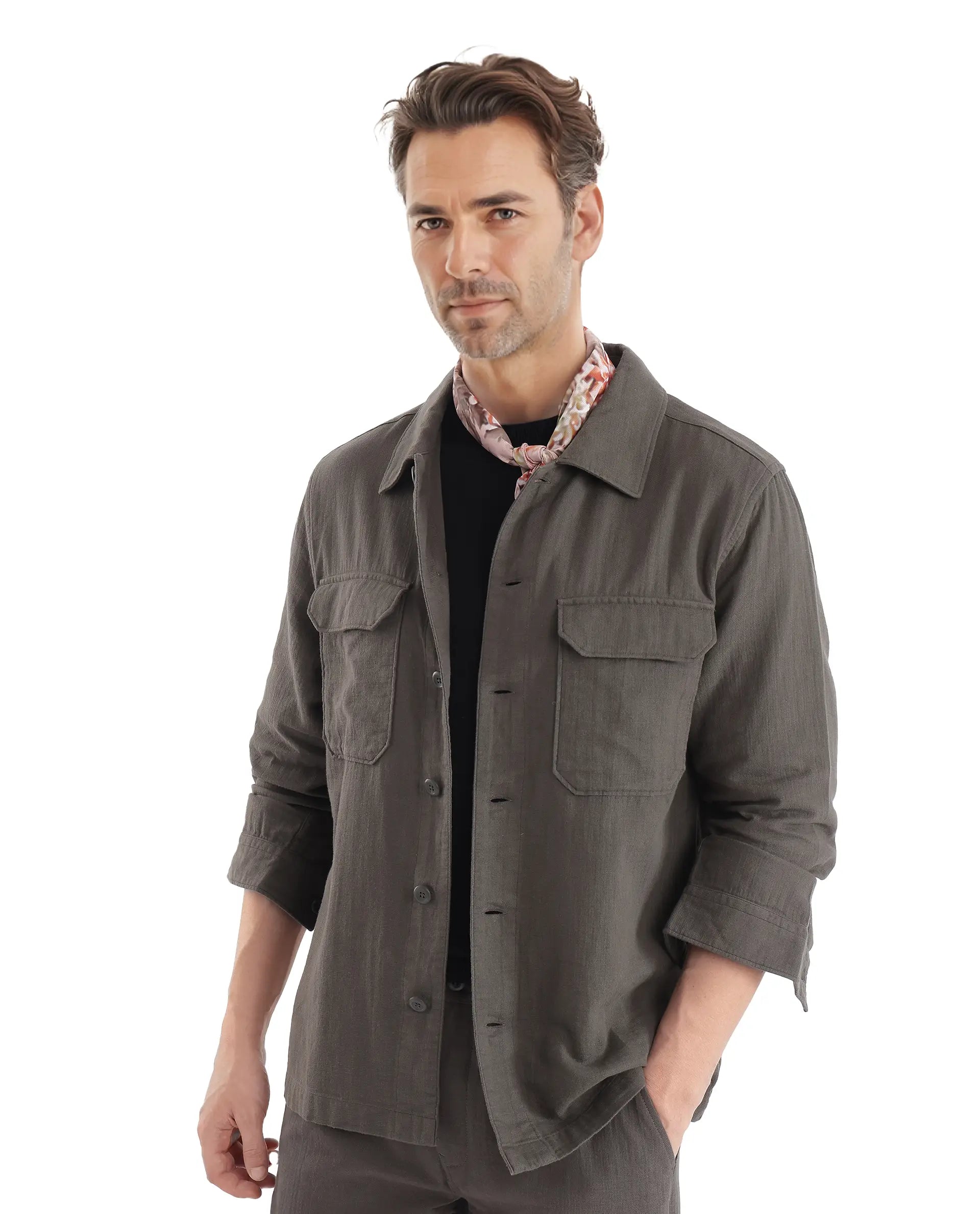 Rare Rabbit Men Prest Dusky Green Knitted Jacquard Fabric Two Front Flap Pocket Full Sleeve Regular Fit Shirt