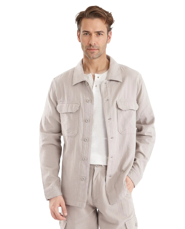 Rare Rabbit Men Prest Light Beige Knitted Jacquard Fabric Two Front Flap Pocket Full Sleeve Regular Fit Shirt