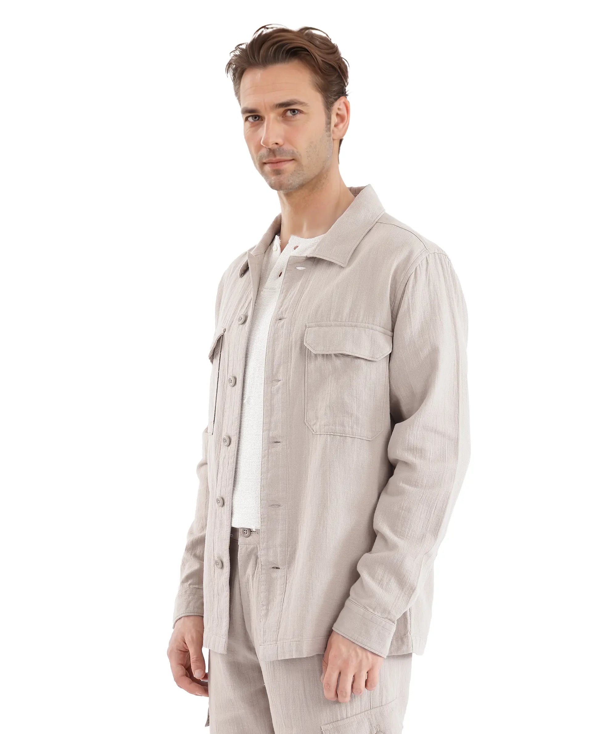 Rare Rabbit Men Prest Light Beige Knitted Jacquard Fabric Two Front Flap Pocket Full Sleeve Regular Fit Shirt