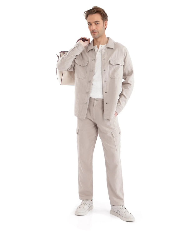 Rare Rabbit Men Prest Light Beige Knitted Jacquard Fabric Two Front Flap Pocket Full Sleeve Regular Fit Shirt