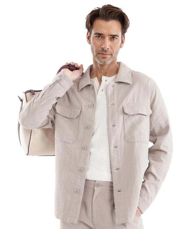 Rare Rabbit Men Prest Light Beige Knitted Jacquard Fabric Two Front Flap Pocket Full Sleeve Regular Fit Shirt