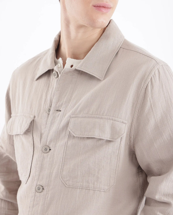 Rare Rabbit Men Prest Light Beige Knitted Jacquard Fabric Two Front Flap Pocket Full Sleeve Regular Fit Shirt