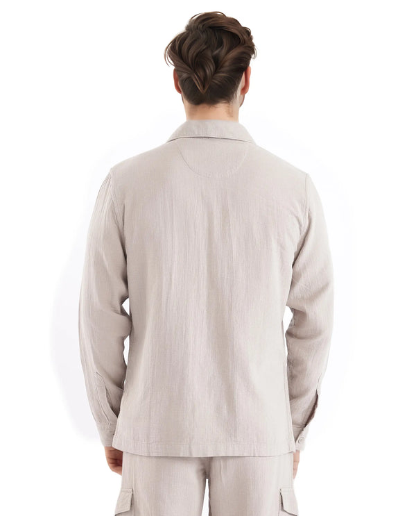 Rare Rabbit Men Prest Light Beige Knitted Jacquard Fabric Two Front Flap Pocket Full Sleeve Regular Fit Shirt