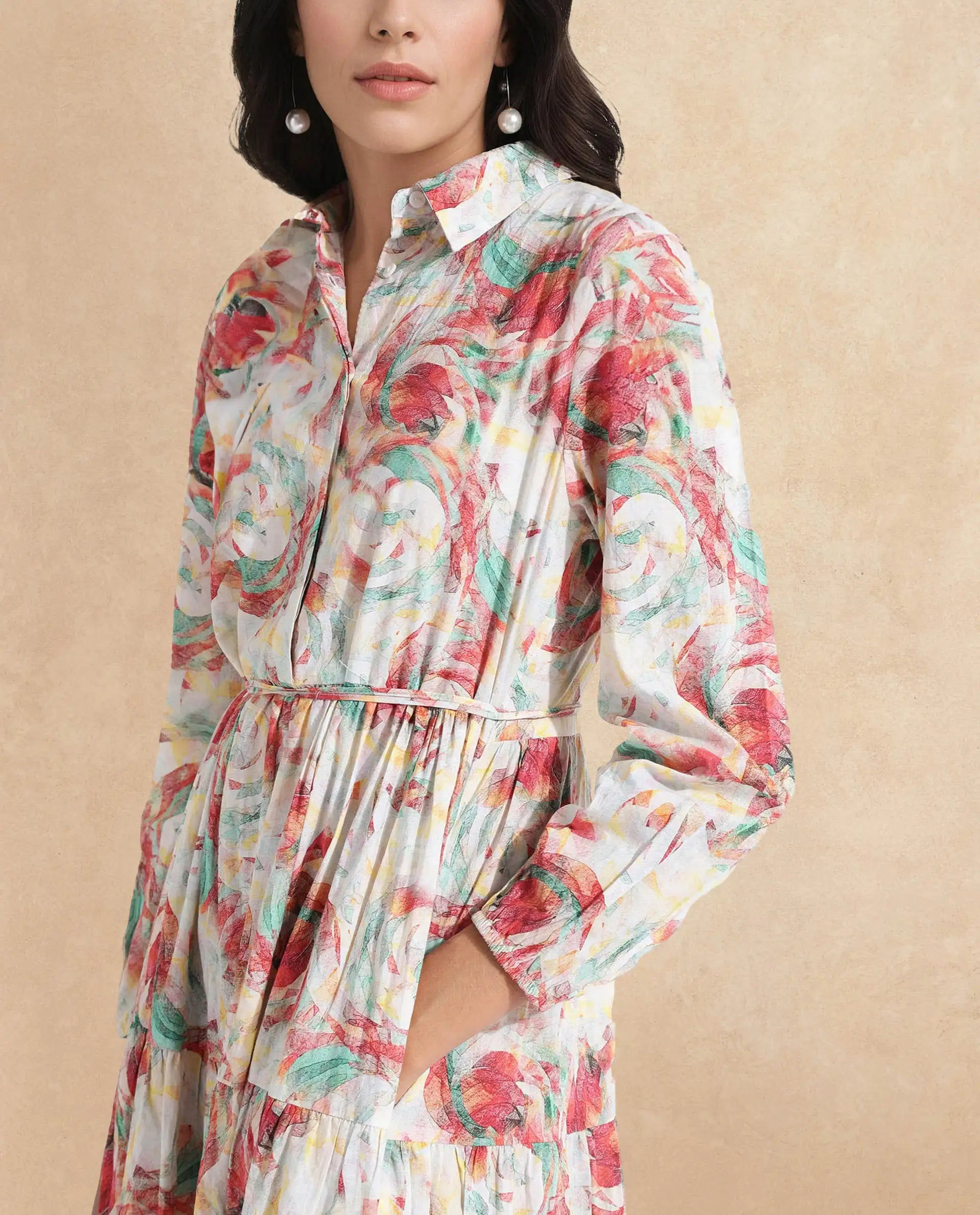 Rareism Women Puebla Multi Bishop Sleeve Collared Neck  Fit And Flare Midi Abstract Print Dress