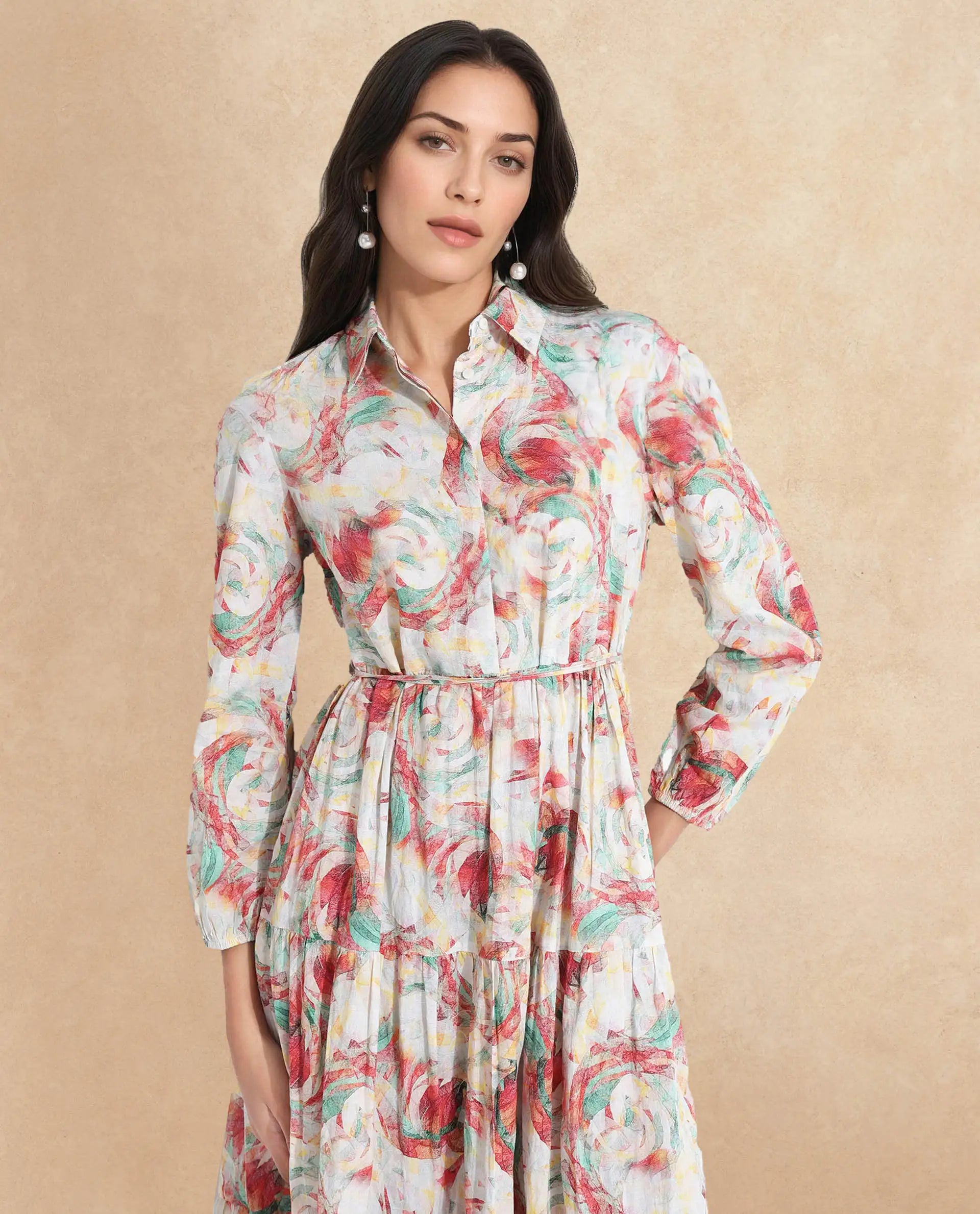 Rareism Women Puebla Multi Bishop Sleeve Collared Neck  Fit And Flare Midi Abstract Print Dress