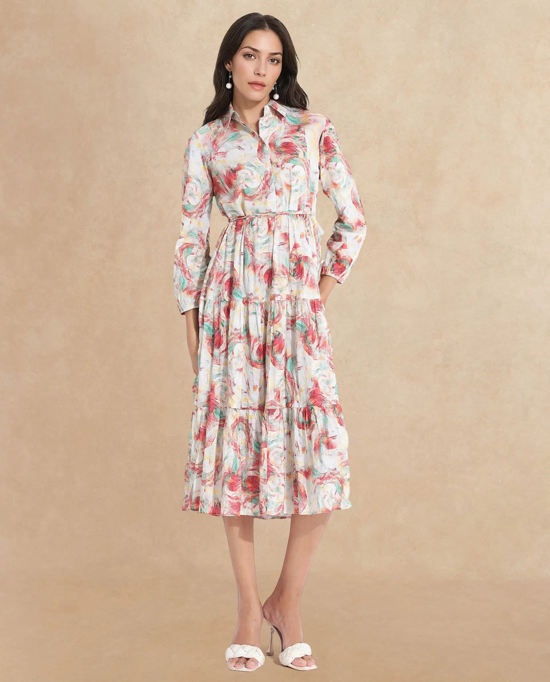 Rareism Women Puebla Multi Bishop Sleeve Collared Neck  Fit And Flare Midi Abstract Print Dress