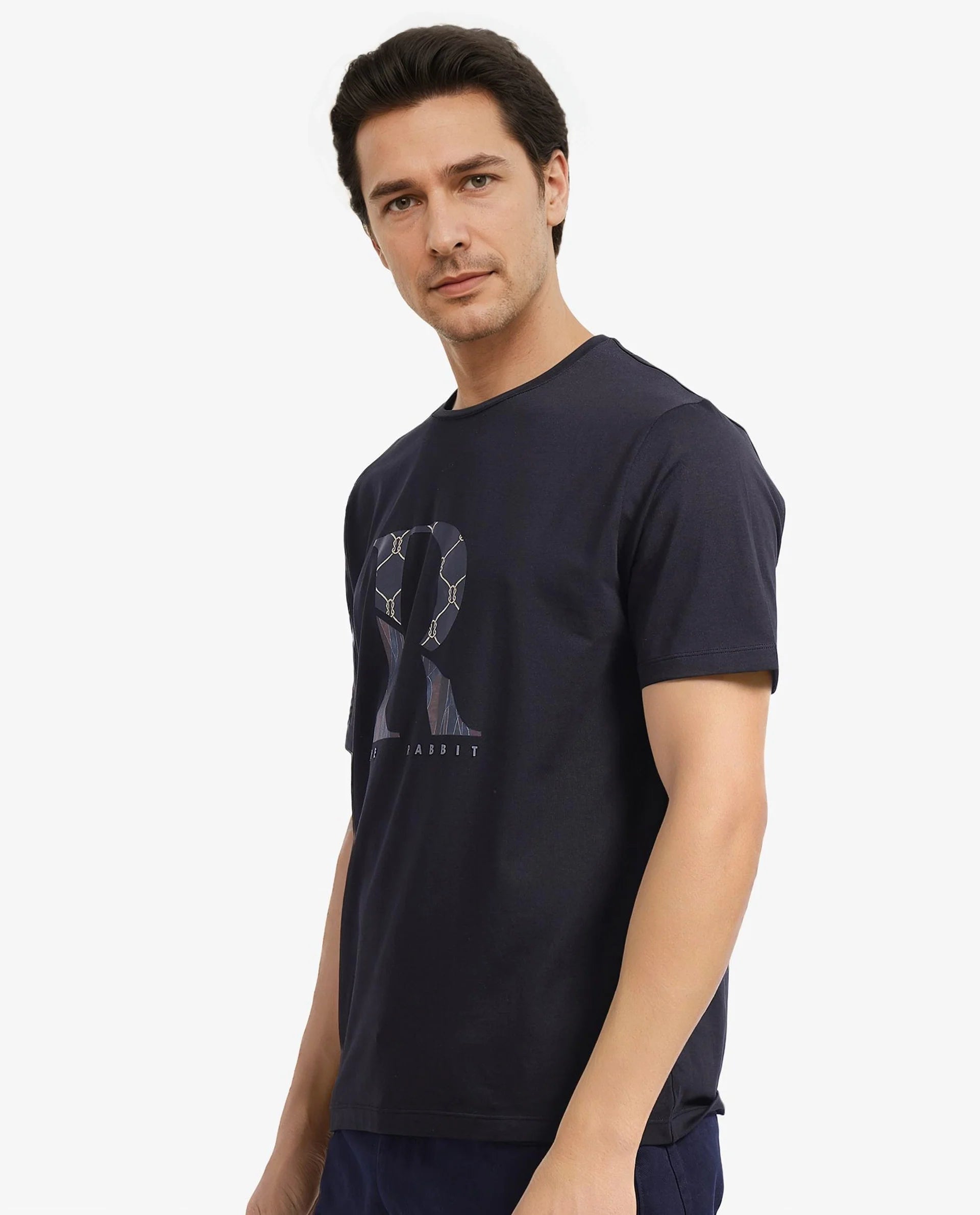 Rare Rabbit Men Qeat Black Cotton Lycra Fabric Short Sleeves Crew Neck Digital Print T-Shirt