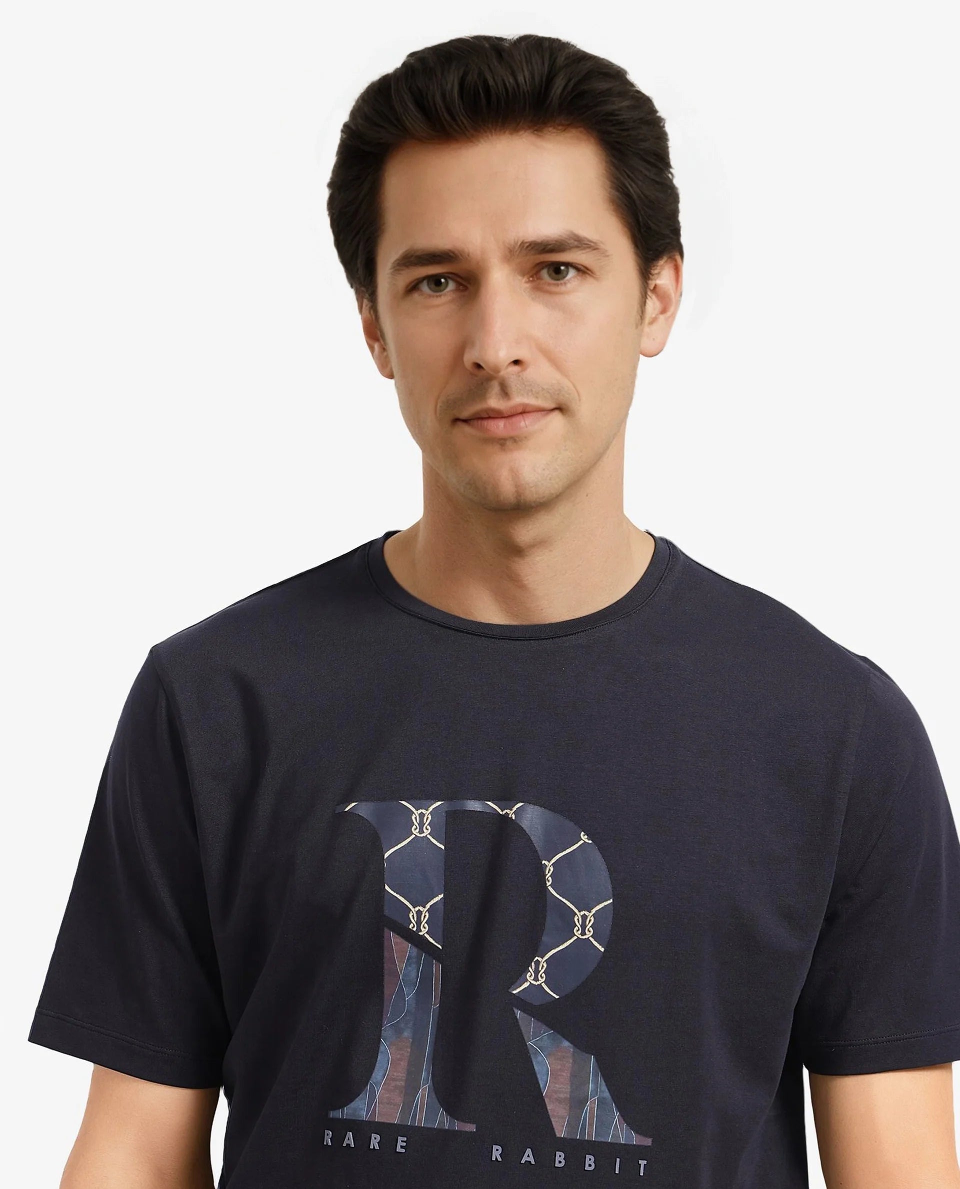 Rare Rabbit Men Qeat Black Cotton Lycra Fabric Short Sleeves Crew Neck Digital Print T-Shirt