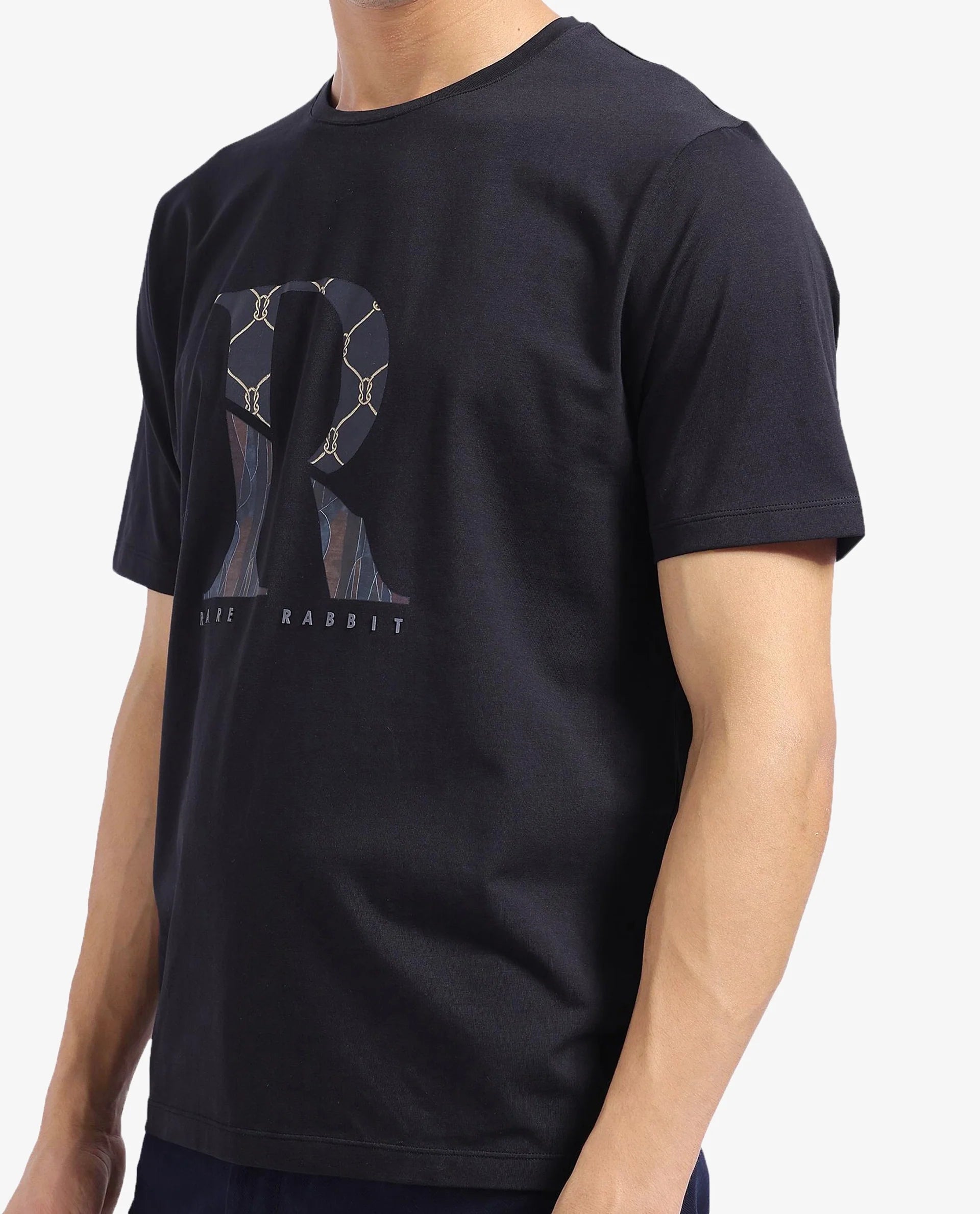 Rare Rabbit Men Qeat Black Cotton Lycra Fabric Short Sleeves Crew Neck Digital Print T-Shirt