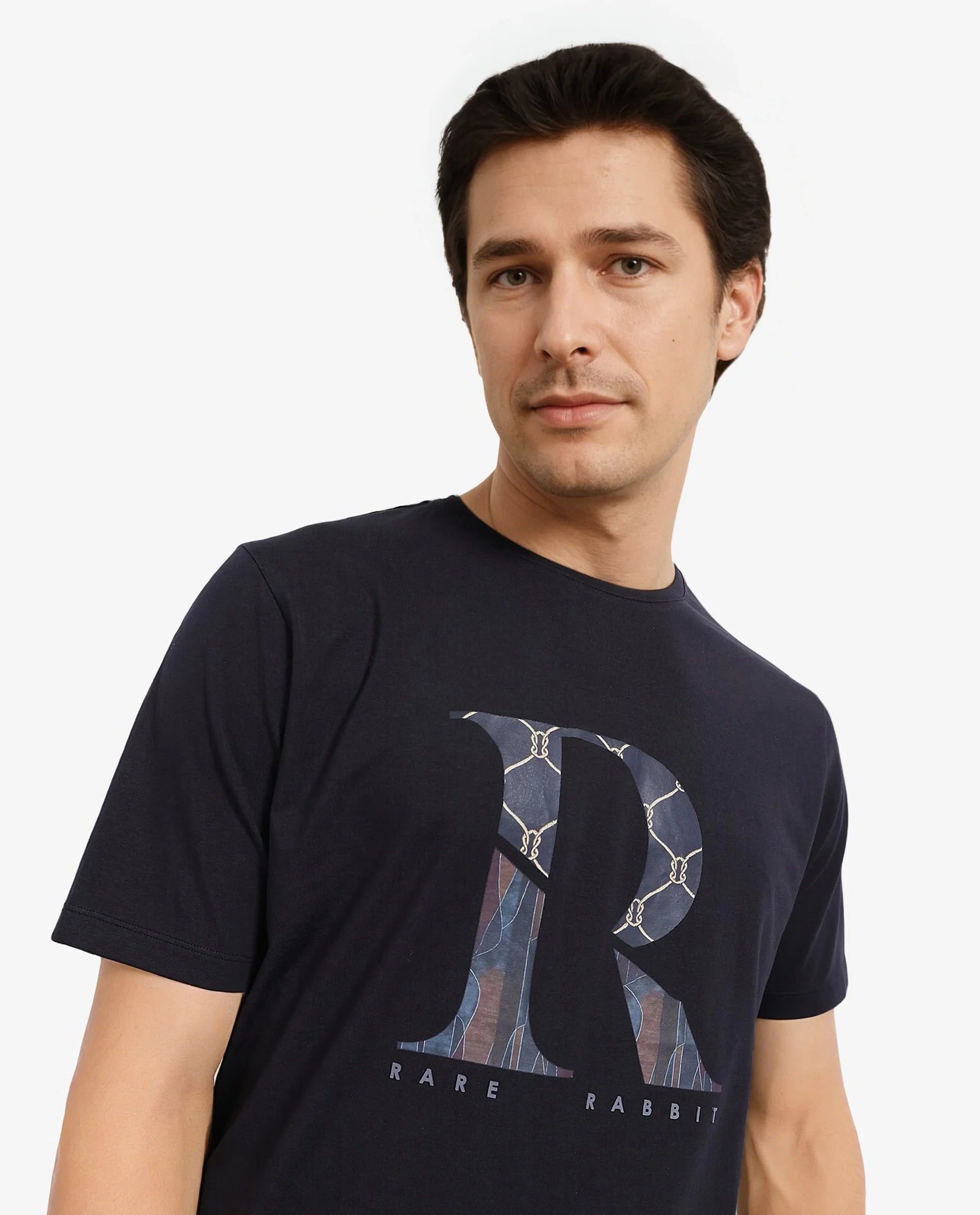 Rare Rabbit Men Qeat Black Cotton Lycra Fabric Short Sleeves Crew Neck Digital Print T-Shirt