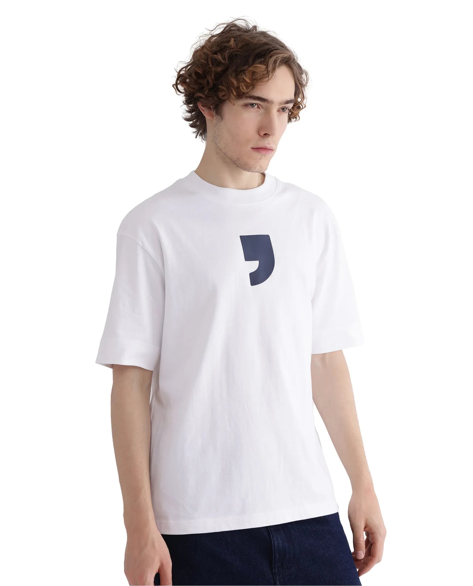 Rare Rabbit Men's Rare'z White Short Sleeve Crew Neck Oversized Fit T-Shirt