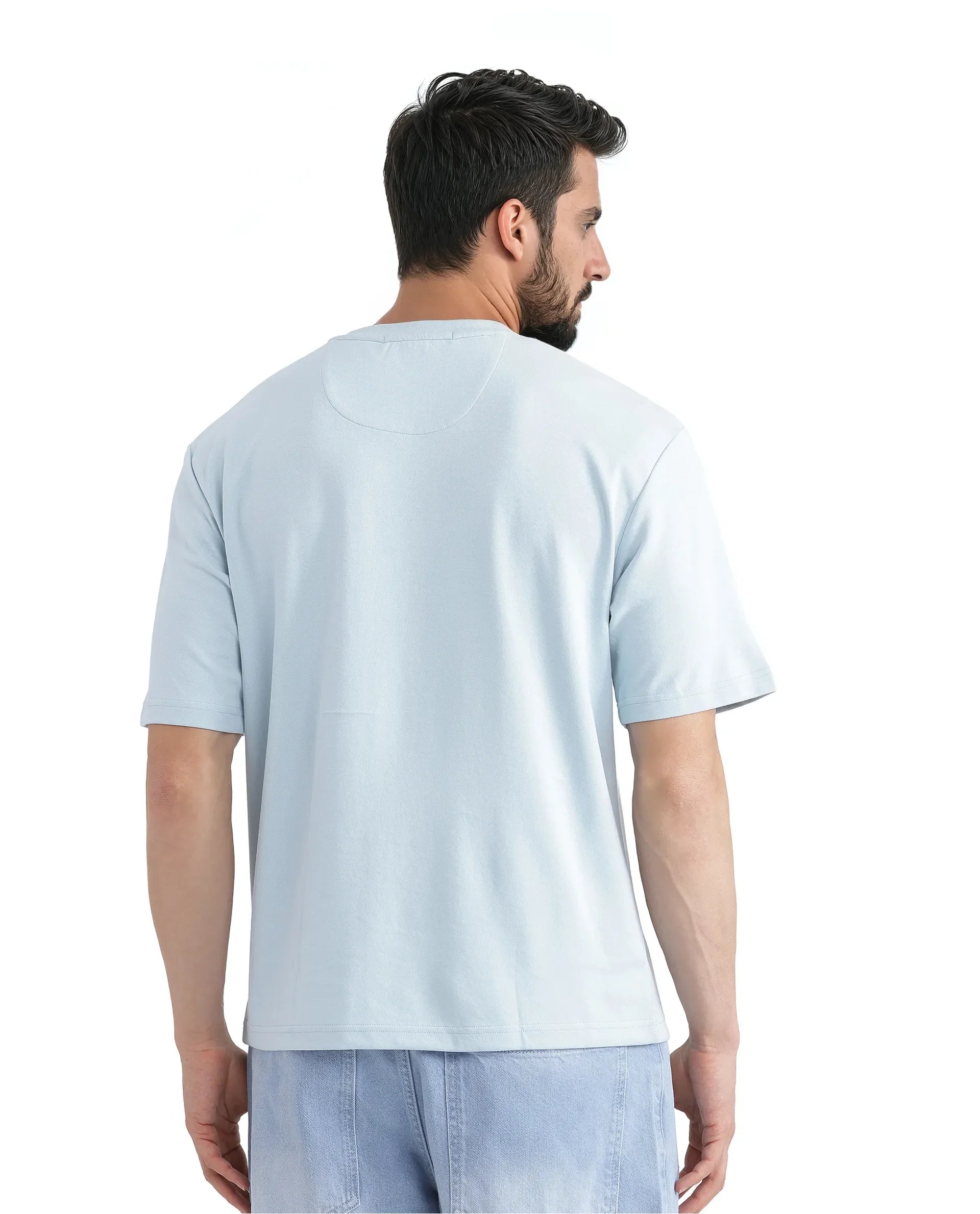 Rare Rabbit Men Raydo Light Blue Cotton Polyester Fabric Short Sleeve Crew Neck Boxy Fit Graphic Print T-Shirt