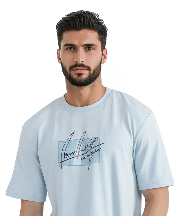 Rare Rabbit Men Raydo Light Blue Cotton Polyester Fabric Short Sleeve Crew Neck Boxy Fit Graphic Print T-Shirt