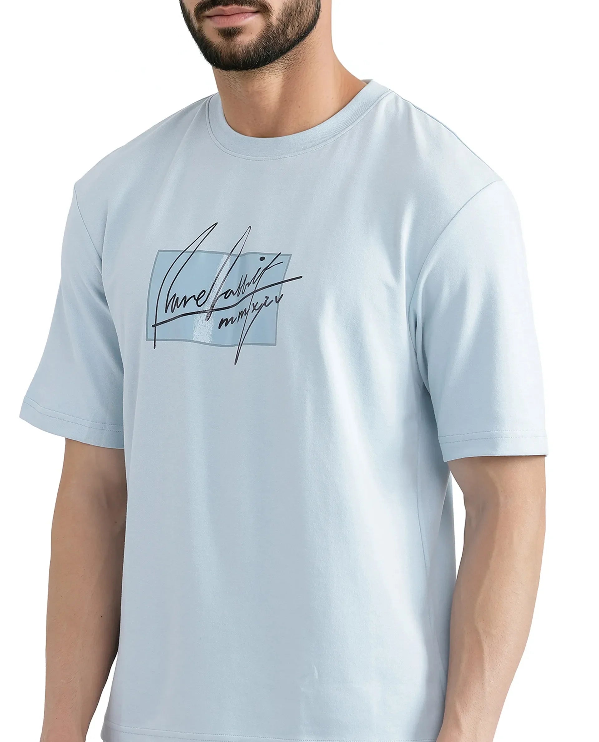 Rare Rabbit Men Raydo Light Blue Cotton Polyester Fabric Short Sleeve Crew Neck Boxy Fit Graphic Print T-Shirt