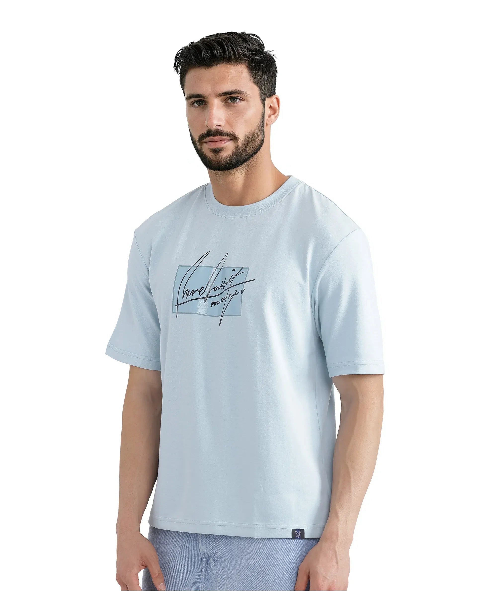 Rare Rabbit Men Raydo Light Blue Cotton Polyester Fabric Short Sleeve Crew Neck Boxy Fit Graphic Print T-Shirt