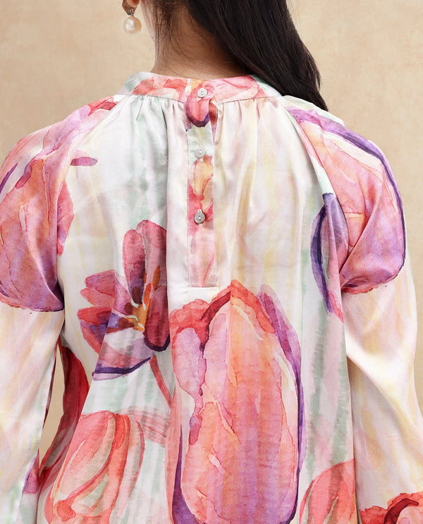 Rareism Women Raylin Light Multi Cuffed Sleeve High Neck Button Relaxed Fit Floral Print Top