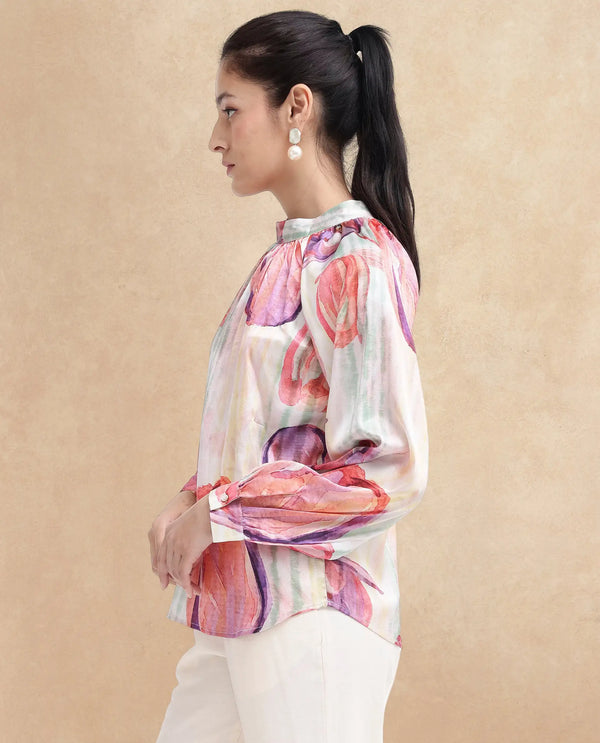 Rareism Women Raylin Light Multi Cuffed Sleeve High Neck Button Relaxed Fit Floral Print Top